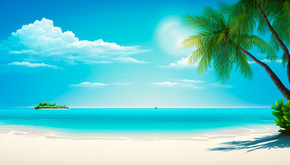 Fototapeta na wymiar background of a beautiful beach with a palm tree, blue sky and white sand on a sunny day. Generative AI