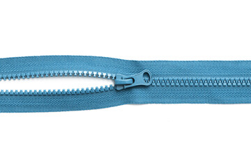 Plastic zipper isolated on white. Fabric fastener. Tailoring object. Object cutout on white. Fastener fashion background. Garment sewing zipper. Blue color.	