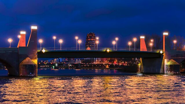 Day to night imelapse of the Alte Brucke - Old bridge in Frankfurt am Main, Germany.