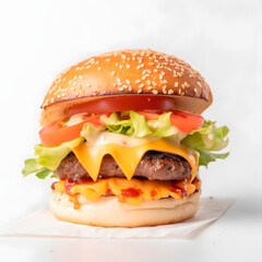 Delicious hamburger with cheese and salad. Generative AI