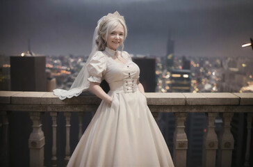 Obraz premium Mature bride. Elderly beautiful woman in wedding dress on background of night city. Generative AI.