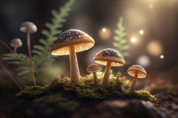 Wild mushrooms in the forest. Fairy tale atmosphere. AI generated