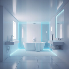 Naklejka na ściany i meble Luxury white bathroom with blue led light. Modern big bathtub and marble tiles. Generative AI