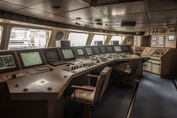 Fototapeta premium Wheelhouse control board on a large ship / vessel, generative ai