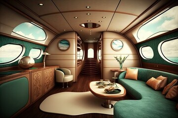 Wide-angle photo of an interior of a luxurious boat cabin. Luxurious yacht cabin, generative ai