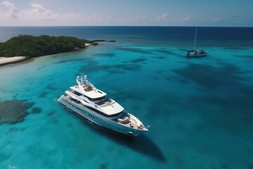 Fototapeta na wymiar Aerial drone view of a luxury yacht on the sea in the Caribbean, high quality generative ai