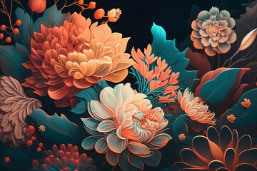 Abstract floral background. 3d macro flowers blossom. Generate ai