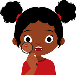 Teenage girl and her problematic skin. African American woman looking at a pimple through a magnifying glass. Vector cartoon illustration