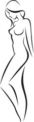 Vector linear silhouette in pen drawing style. The stylized image of a young beautiful woman with contour and art line. Concept of beauty and perfection of the female body