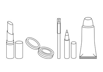 Cosmetics icon isolated on white backround. Powder, lipstick, face cream, lip pencil and lip gloss image for packaging design, make up industry, beauty salon, cosmetics store or other use. Vector set.