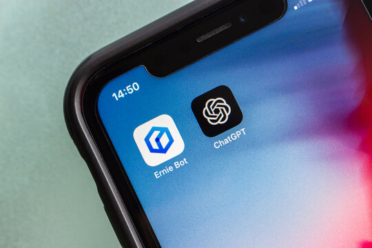 Vancouver, CANADA - Mar 20 2023 : ERNIE Bot and ChatGPT icons seen in an iPhone. ERNIE Bot is an AI chatbot project (ChatGPT-style project) based on its ERNIE Model technology by Baidu inc.