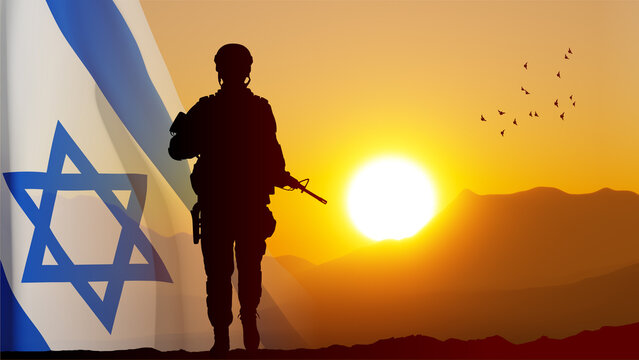 Silhouette of soldier with Israel flag against the sunrise. Concept - Armed forces of Israel. 3d-rendering