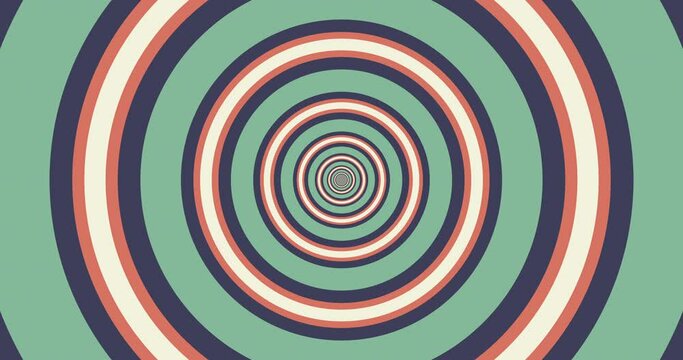 Flying through optical illusion of circles creating abstract tunnel. Green, orange and blue spectrum. Modern colorful 4k seamless loop animation