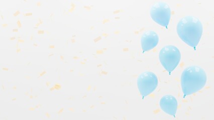 blue balloons and gold confetti on white stage, theme of celebration, celebration, achievement, 3d illustration, horizontal position