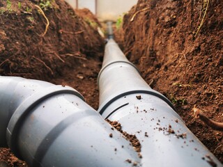 Plastic sawage pipes in the ground for rainwater drainage