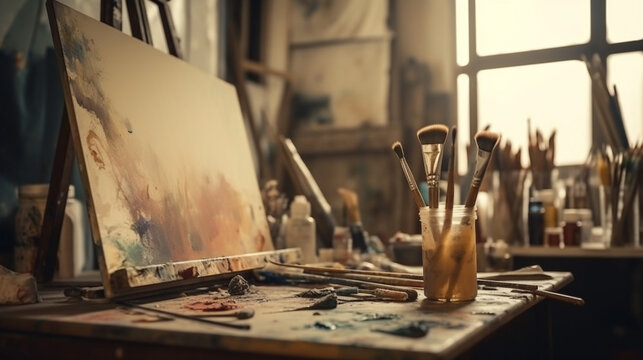 Artistic equipment in a artist studio canvas on wooden easel and paint brushes Generative AI