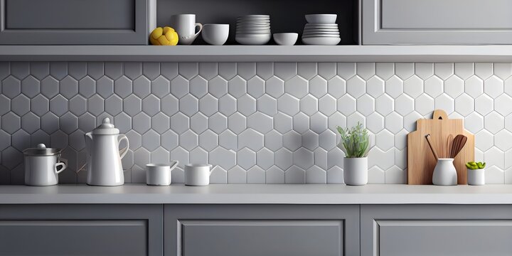 close up blank empty space countertop in modern grey build in kitchen cabinet set for household products display with white ceramic wall tiles in background. Ai Generative
