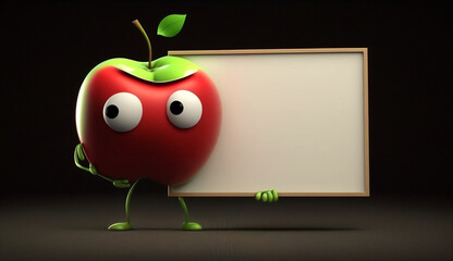 Cartoon Apple Character with Blank Sign and Room Generative AI
