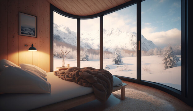 Spa bed in a ski resort with snowing mountains throug 1 Generative AI
