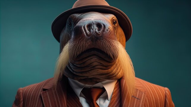 Walrus in suit: Studio Shot of a Walrus in Business clothes, Mixing Professional and Animal portrait concept in 8K created with generative ai technology