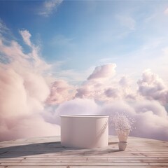 Natural beauty podium backdrop for product display with dreamy sky background. Generative AI