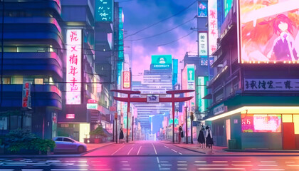 Fototapeta na wymiar view of the neon city anime background wallpaper