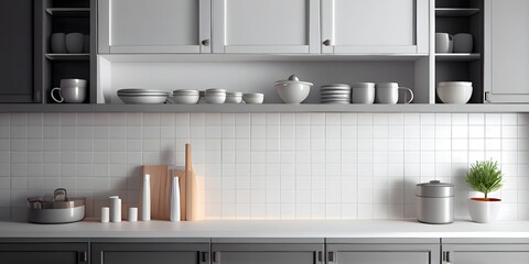 close up blank empty space countertop in modern grey build in kitchen cabinet set for household products display with white ceramic wall tiles in background. Ai Generative
