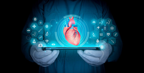 human heart. Cardiology, heart problems, heart disease digital medicine modern digital health. chf...
