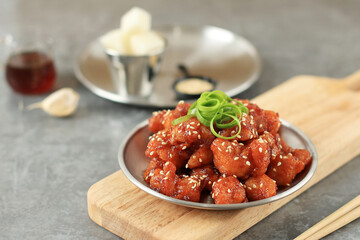Sweet and Soy Spicy Yangnyeom Popcorn Chicken.