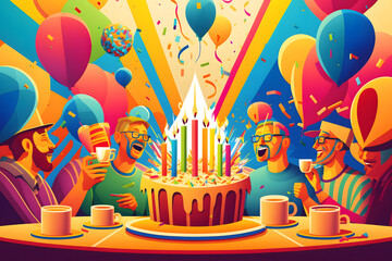 birthday party celebration with friends and cake. Neural network AI generated art