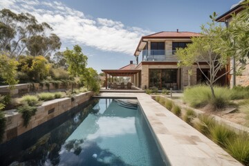 Fototapeta premium Large swimming pool nearby a luxury house. High quality generative ai