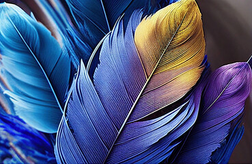 AI-Generated Close-up of Blue Feathers with Colored Tips on Gray Surface for Texture or Graphic Resource