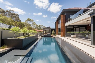 Fototapeta premium Private swimming pool nearby a luxury house. High quality generative ai