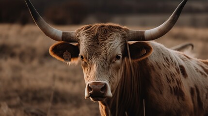 Close Up View of Longhorn in Field