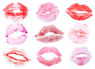 Set of lipstick kiss marks on white background