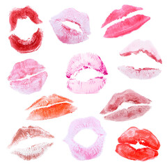 Set of lipstick kiss marks on white background