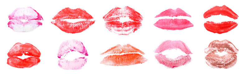 Obraz premium Set of lipstick kiss marks on white background