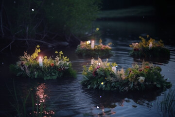 Wildflower wreath with a candles floating at Ivan Kupala's night. AI Generated - obrazy, fototapety, plakaty