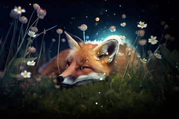Obraz na płótnie Canvas Fox in the field at night. AI Generated