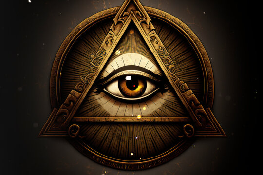 Gold All Seeing Eye inside triangle pyramid, sacred geometry, Masonic symbol. AI Generated