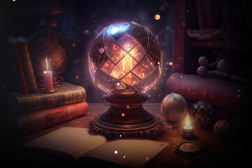 Magic crystal ball with burning candles on witch table. AI Generated - obrazy, fototapety, plakaty
