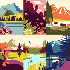 Summer landscape set background with river stream, mountains, green field hills, big meadows, blue spring sky and clouds, trees. Countryside. Rural scene. Nature view. Flat cartoon vector illustration