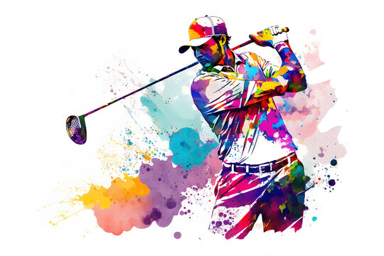 golf player with watercolor rainbow splash. Neural network AI generated art