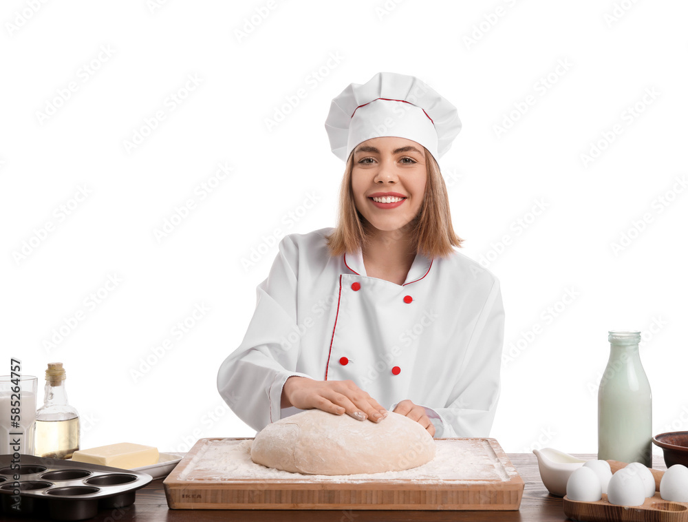 Sticker Female baker with raw dough at table on white background