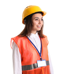 Female worker in vest and hardhat on white background