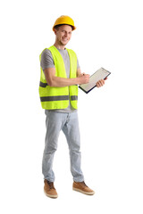 Male engineer with clipboard on white background