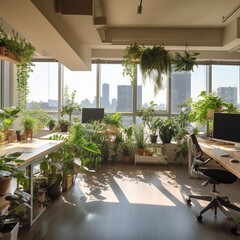 spacious, eco-friendly office, filled with green plants