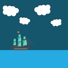 Illustration of a sailing ship sailing in the sea with white clouds professionally