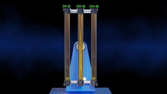 Oil viscosity comparator. An apparatus displaying the relative motion of a steel ball through an oil-filled glass tube 