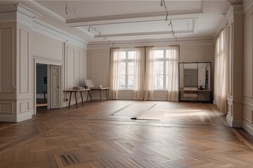 A grand, empty room with a parquet floor with stucco panels, molding, and frames. Large, open studio with furnishings and advertising product mock-ups, generative ai